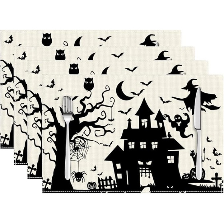 Set 4 suporturi farfurie, Pentru Halloween, Generic, Poliester, Alb/Negru, 45x30cm