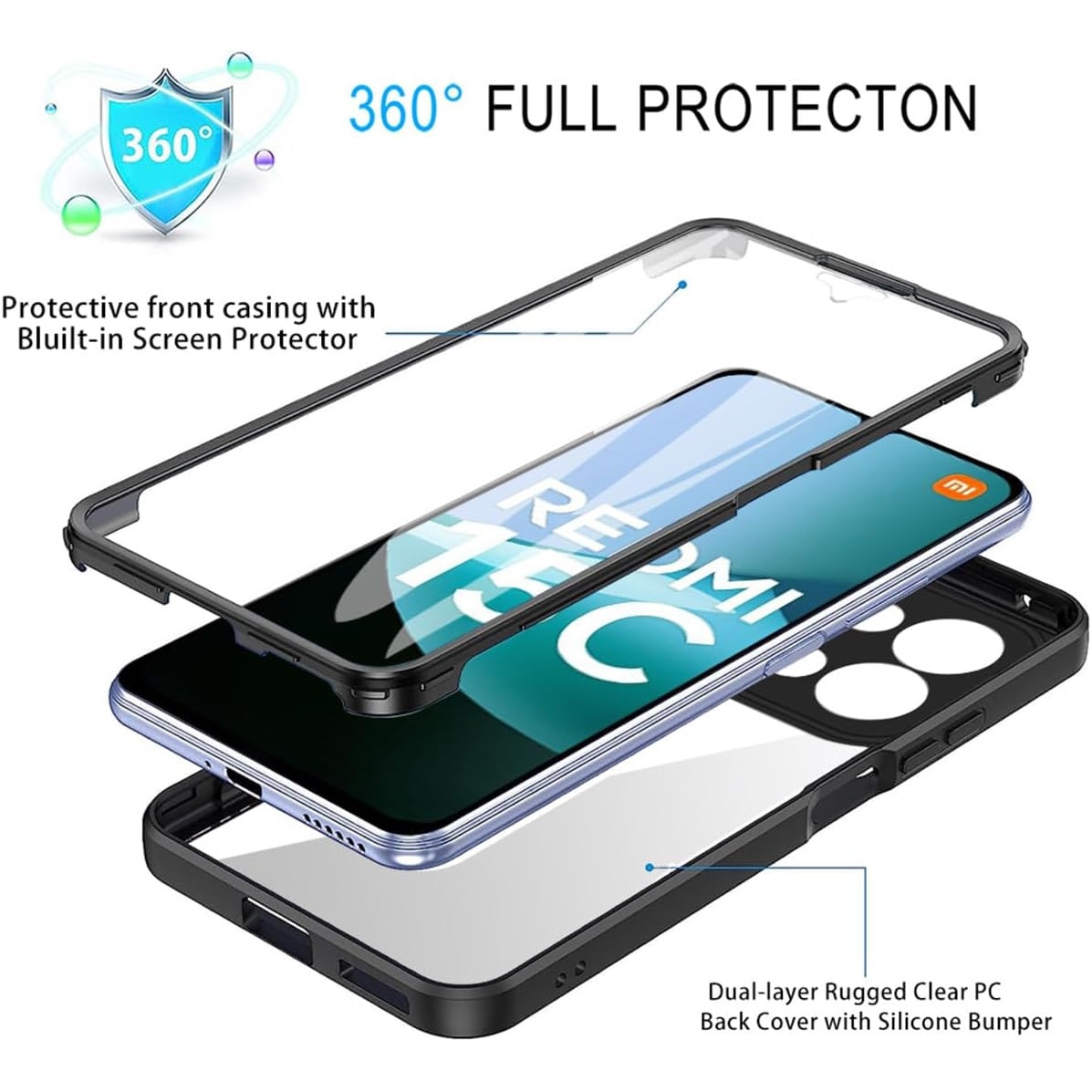 Set 360: Husa cu folie integrata pentru Xiaomi Redmi 15C 4G Protectie 360 fata / spate - mov