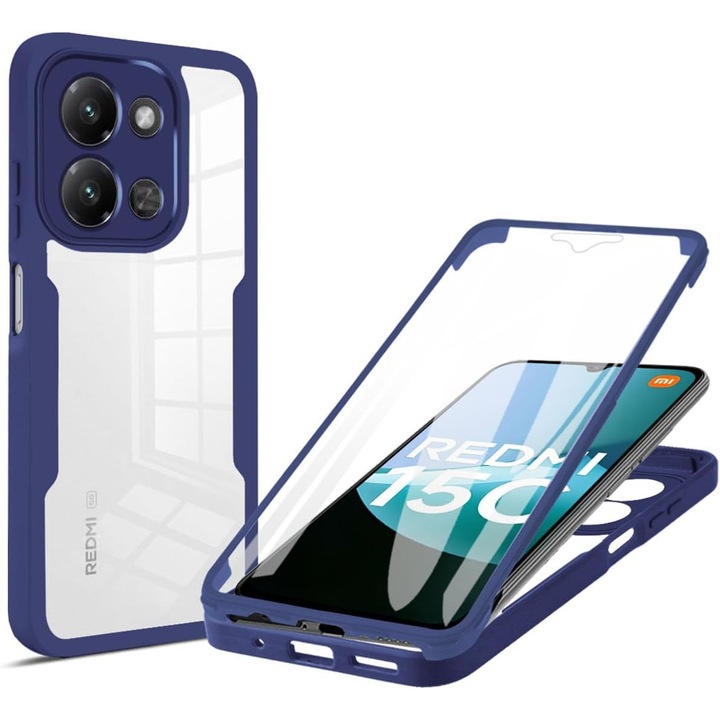 Set 360: Husa cu folie integrata pentru Xiaomi Redmi 15C 4G Protectie 360 fata / spate - albastru