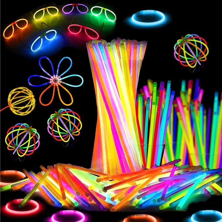 Комплект от 100 светещи гривни, DONFANLIA, многоцветни, 20 см, непрекъснато сияние 6-8 часа