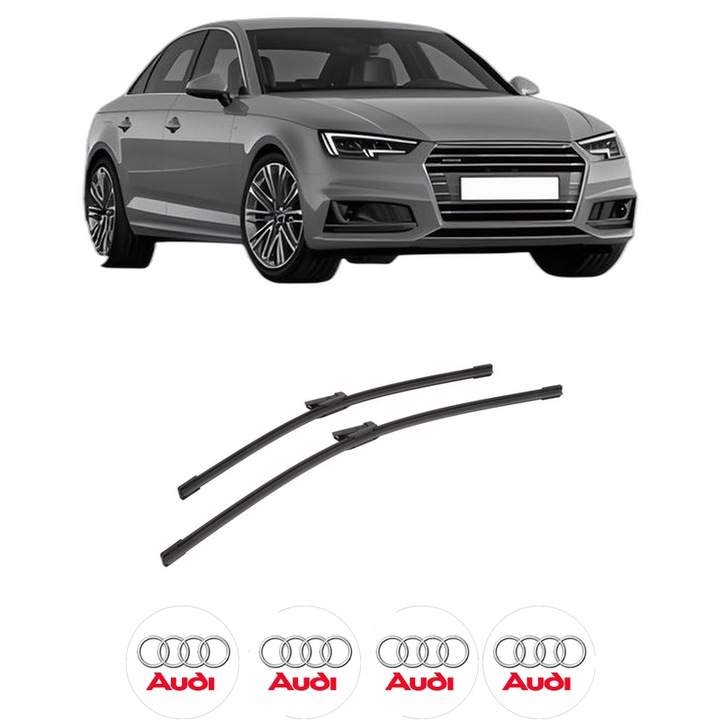 Set stergatoare auto AUDI A4 B9 (8W2, 8WC) din 2015-2021, pentru parbriz auto, 2 bucati, Bosch Aerotwin, din cauciuc siliconat rezistent, 4 Stickere Auto AUDI