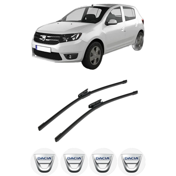 Set stergatoare auto DACIA SANDERO II din 2012-2019, pentru parbriz auto, 2 bucati, Bosch Aerotwin, din cauciuc siliconat rezistent, 4 Stickere Auto DACIA