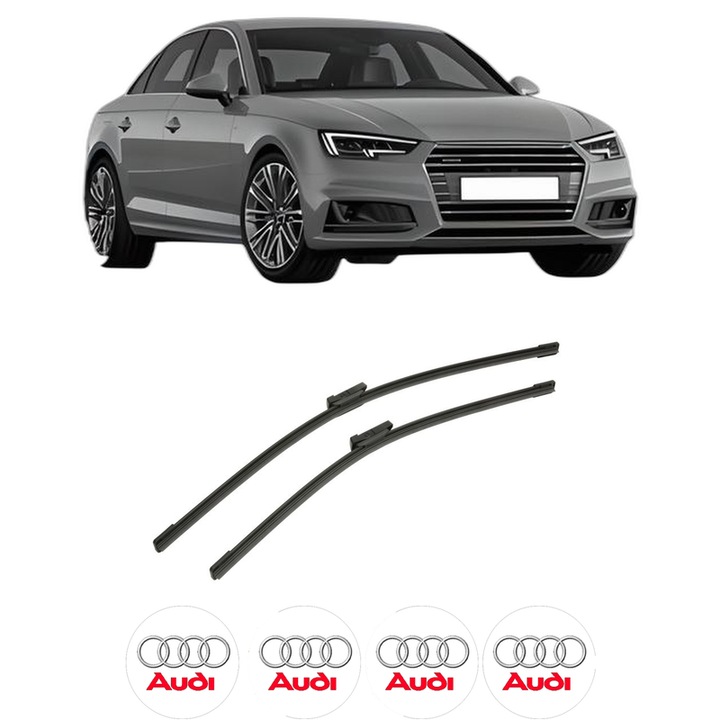 Set stergatoare auto AUDI A4 B9 (8W2, 8WC) din 2015-2021, pentru parbriz auto, 2 bucati, Bosch Aerotwin, din cauciuc siliconat rezistent, 4 Stickere Auto AUDI
