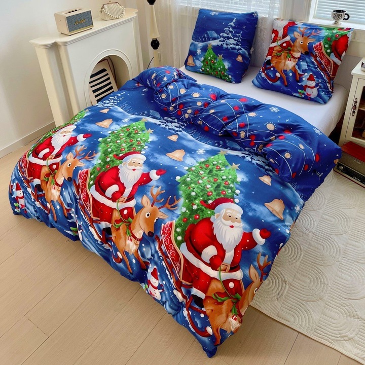 Karácsonyi ágynemű 140x200 szatén pamut kétoldalas GierekHoff vastag 2 részes GH 3097 Mikulás szánon