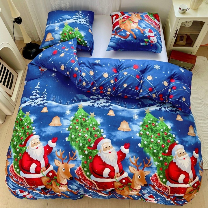 Karácsonyi ágyneműhuzat 200x220 szatén pamut kétoldalas GierekHoff vastag 3 részes GH 3097 Mikulás szánon