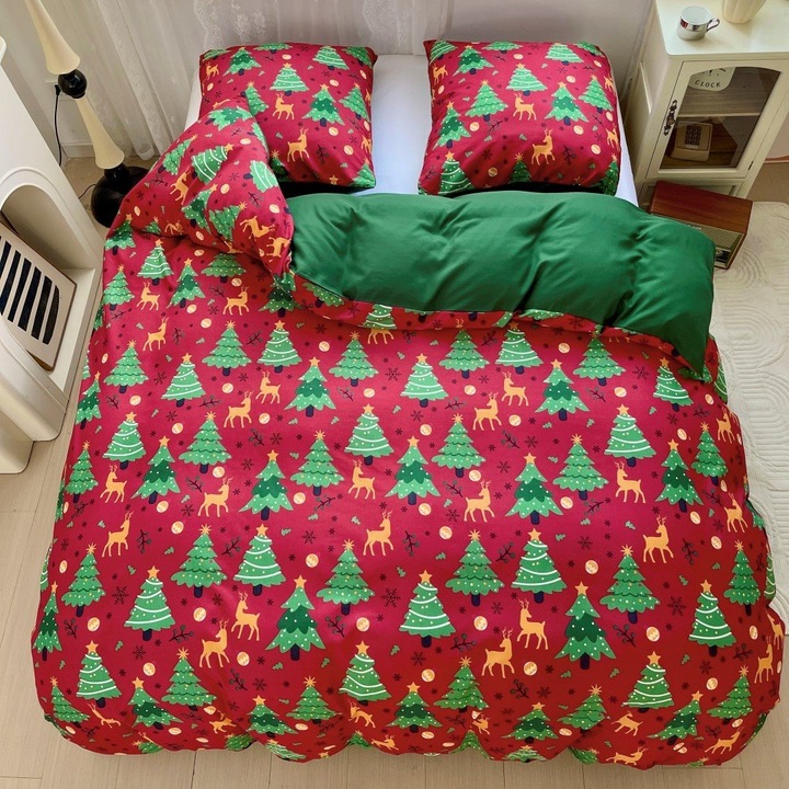 Karácsonyi ágynemű 200x220 szatén pamut kétoldalas GierekHoff vastag 3 részes GH 3095 karácsonyfák