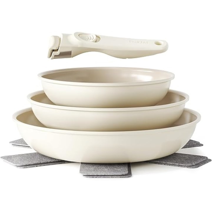Set de tigai ceramice, Redchef, 6 piese, 20x24x28 cm, maner detasabil, antiaderente, bej, set complet