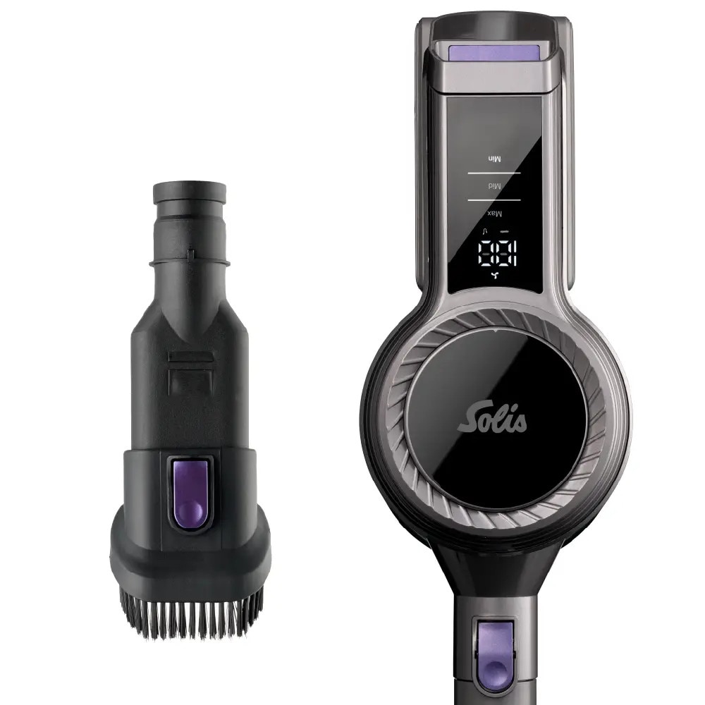 Aspirator vertical fara sac Solis, Flexi Vac Cleaner 350, reincarcabil, pentru toate suprafetele, capacitate 1 litru, perie cu iluminare LED, tub telescopic, filtru HEPA, ecran tactil, usor de folosit, antracit