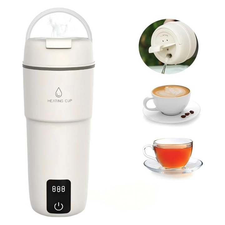 Fierbator Electric Portabil, Tip Termos, cu 4 Temperaturi Presetate – Pentru Ceai, 350 ml, Cafea, Bauturi, Fierbere Rapida in 7 Minute, LCD, Control Temperatura Precizie, Alimentare 220V, Interior Inox, Design Compact, Usor de Folosit, Usor de Transport