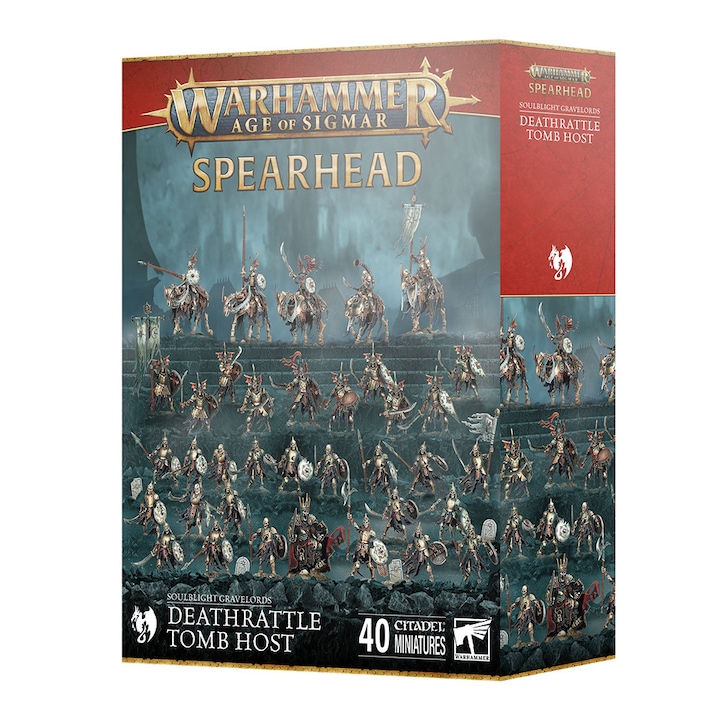 Extensie de joc Warhammer Age of Sigmar, Spearhead Deathrattle Tomb Host Soulblight Gravelords, Games Workshop, 287 piese, gri
