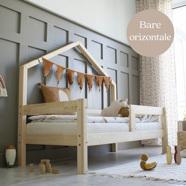 Детско легло къщичка Монтесори, Little Amy, MiniNest, Натур, Хоризонтални парапети, 80 x 160 см