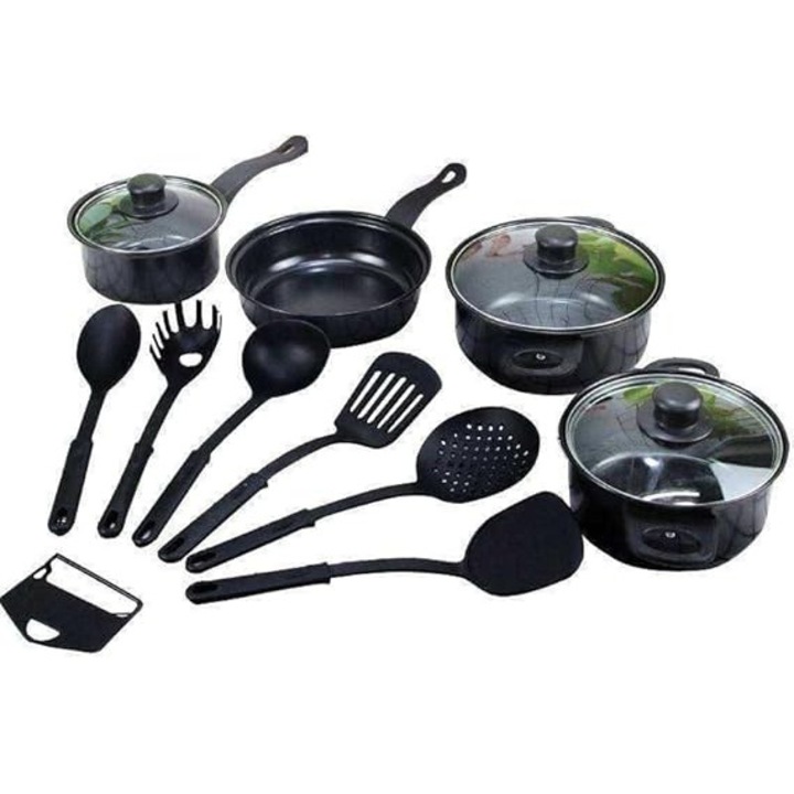 Set Vase de Gatit Herzberg HG04241, 13 piese, Otel carbon, Negre, Antiaderente, Manere confortabile