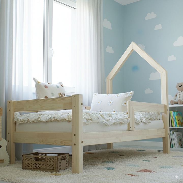 Детско легло къщичка монтесори, Литъл Ейми, Моси, Натур, Хоризонтални парапети, 90 x 180 см