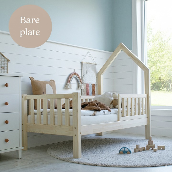 Детско легло къщичка Монтесори, Little Amy, Mossy, Natur, Парапети с плоски пръчки, 90 x 180 см