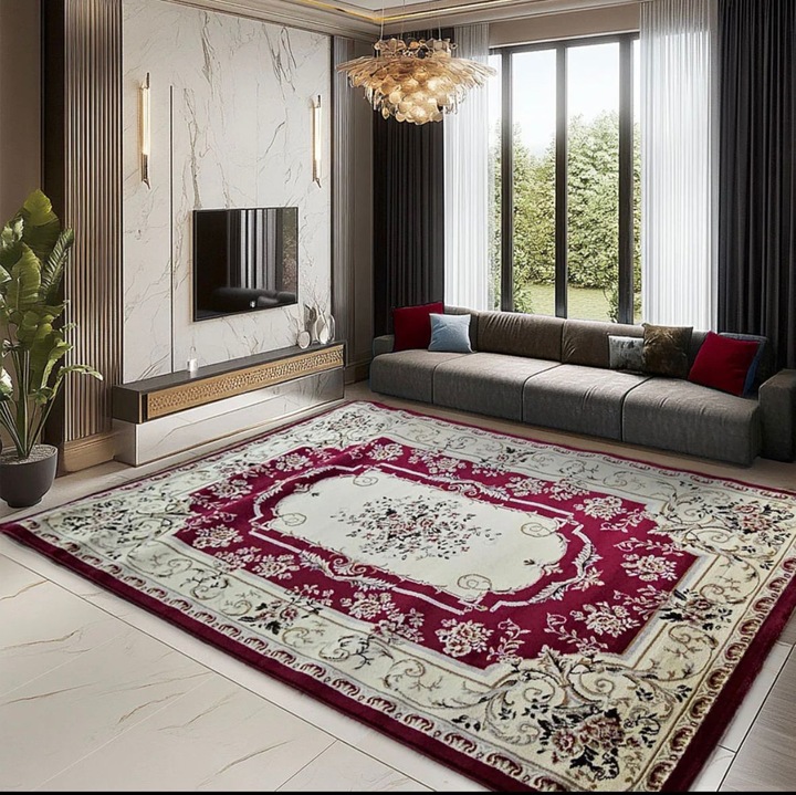 Covor clasic elegant Pala Carpet® crem si visiniu, model floral cu bordura decorativa, stil persan, 100x200 cm, grosime 11 mm, ideal pentru living sau dormitor