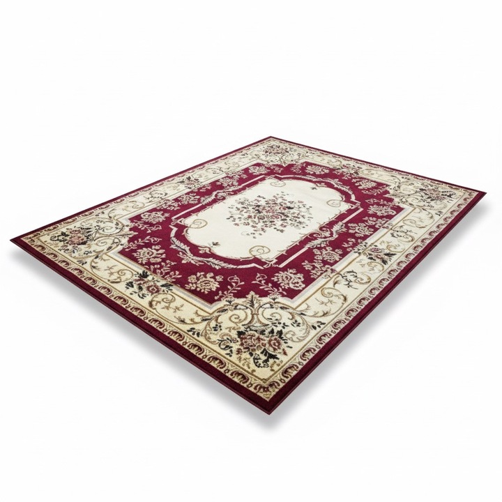 Covor Pala Carpet clasic elegant floral crem si visiniu 200x300cm, grosime 11mm