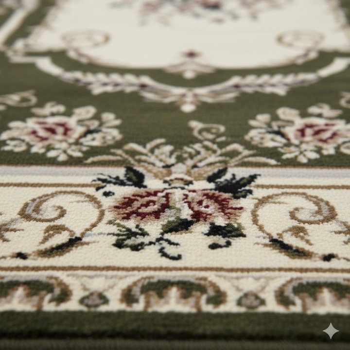 Covor clasic elegant Pala Carpet crem si verde, floral, 125x200 cm