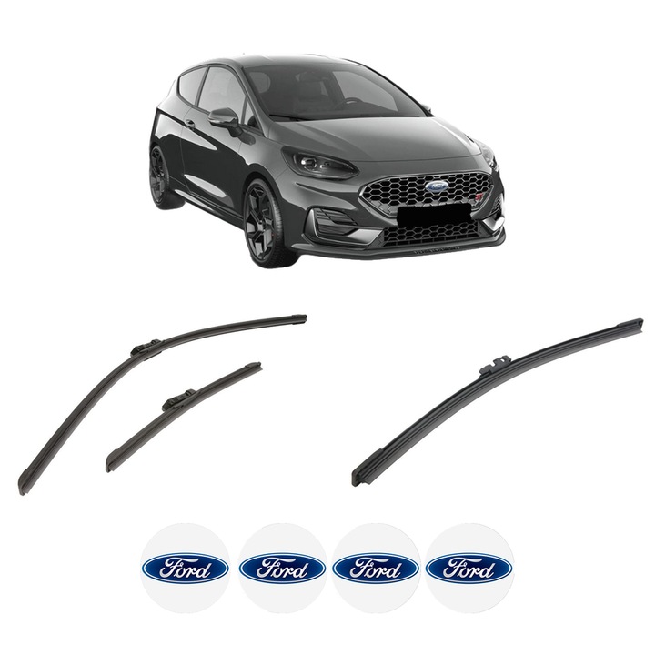 Set 3 stergatoare FORD FIESTA VII (HJ, HF) din 2017-2022, pentru parbriz si luneta fata si spate auto, Bosch Aerotwin-Aerotwin, din cauciuc siliconat rezistent, 4 Stickere Auto FORD