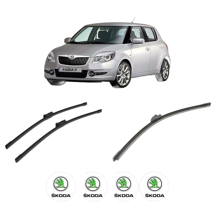 Set 3 stergatoare SKODA FABIA II (542) din 2006-2014, pentru parbriz si luneta fata si spate auto, Bosch Aerotwin-Aerotwin, din cauciuc siliconat rezistent, 4 Stickere Auto SKODA