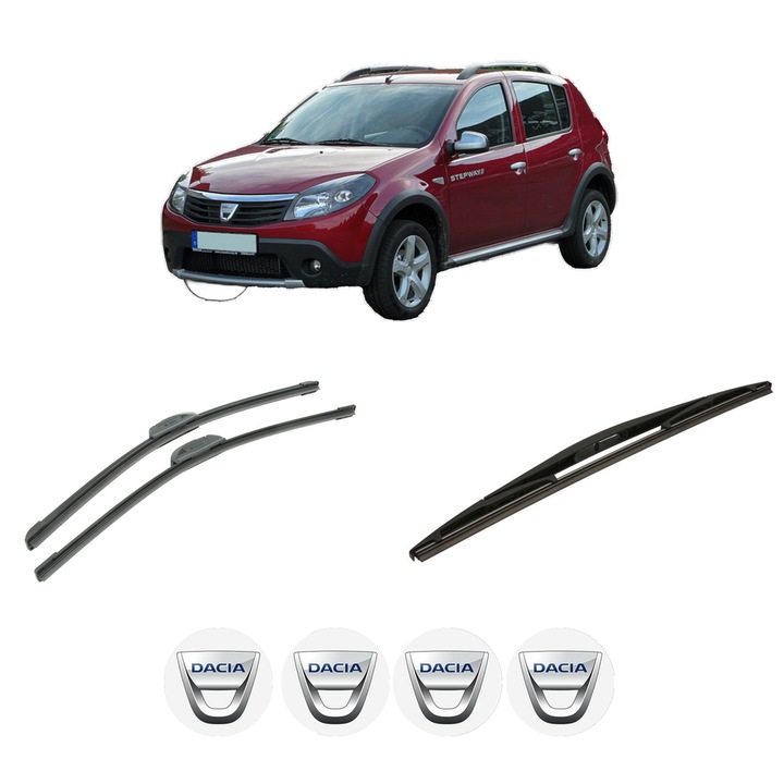 Set 3 stergatoare DACIA SANDERO din 2008-2013, pentru parbriz si luneta fata si spate auto, Bosch Twin-Aerotwin Retrofit, din cauciuc siliconat rezistent, 4 Stickere Auto DACIA