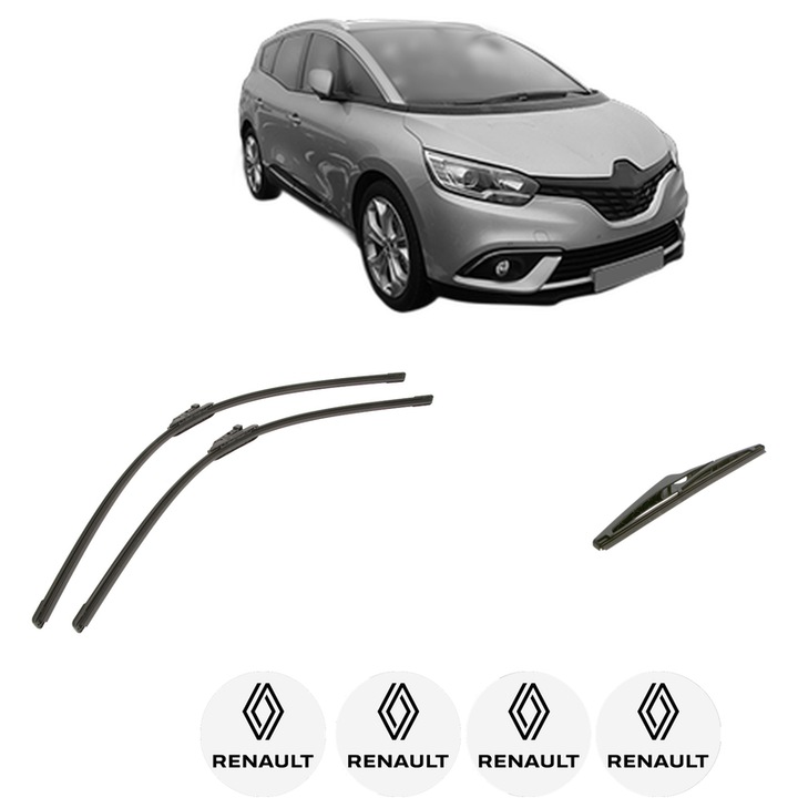 Set 3 stergatoare RENAULT GRAND SCENIC IV (R9_) din 2016-2023, pentru parbriz si luneta fata si spate auto, Bosch Twin-Aerotwin, din cauciuc siliconat rezistent, 4 Stickere Auto RENAULT