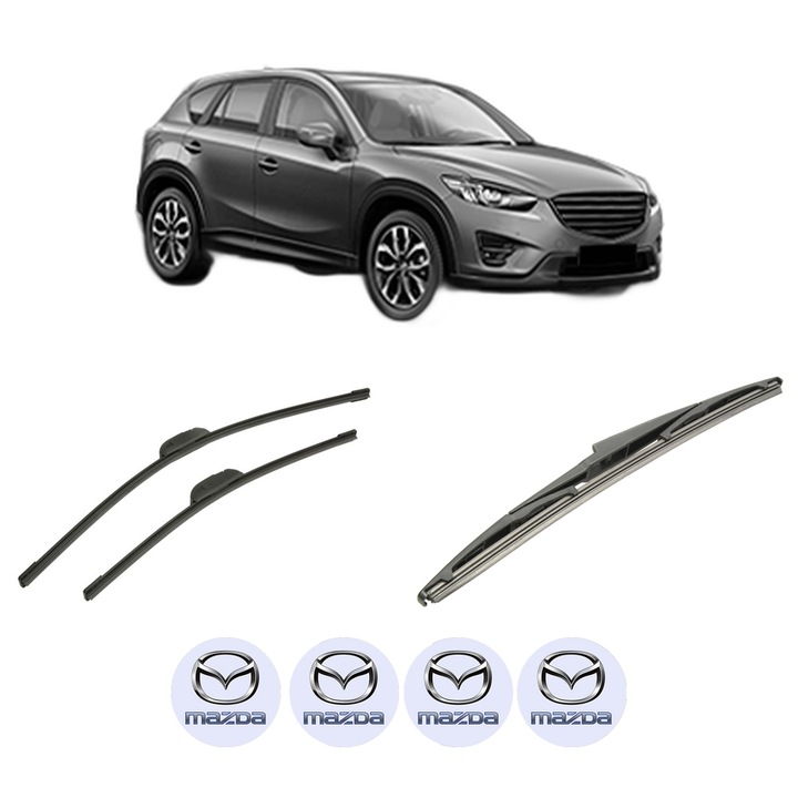 Set 3 stergatoare MAZDA CX-5 (KE, GH) din 2011-2017, pentru parbriz si luneta fata si spate auto, Bosch Twin-Aerotwin, din cauciuc siliconat rezistent, 4 Stickere Auto MAZDA