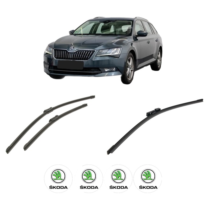 Set 3 stergatoare SKODA SUPERB III Estate (3V5) din 2015-2024, pentru parbriz si luneta fata si spate auto, Bosch Aerotwin-Aerotwin, din cauciuc siliconat rezistent, 4 Stickere Auto SKODA