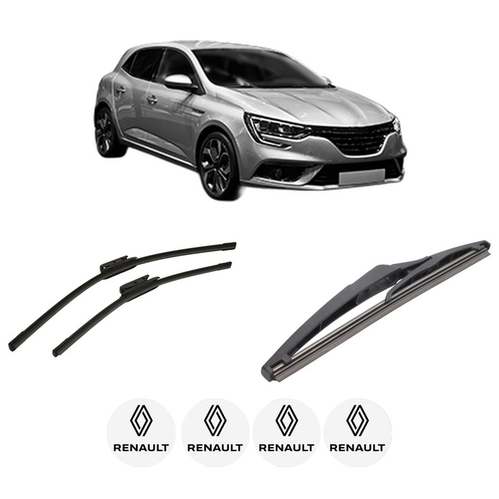 Set 3 stergatoare RENAULT MEGANE IV Hatchback (B9A/M/N_) din 2015-2021, pentru parbriz si luneta fata si spate auto, Bosch Twin-Aerotwin, din cauciuc siliconat rezistent, 4 Stickere Auto RENAULT