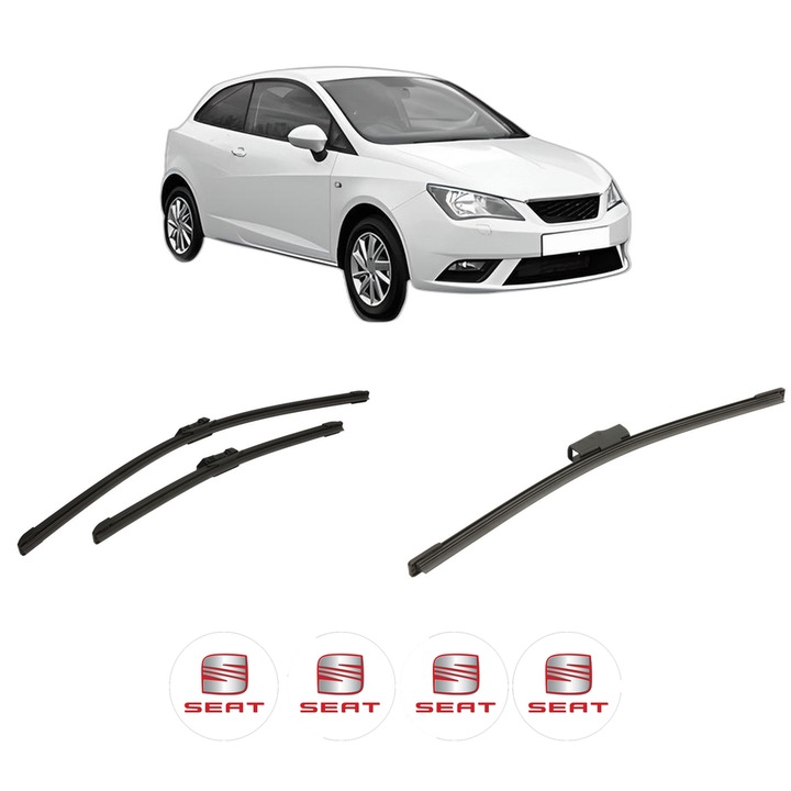 Set 3 stergatoare SEAT IBIZA IV SC (6J1, 6P5) din 2008-2016, pentru parbriz si luneta fata si spate auto, Bosch Aerotwin-Aerotwin, din cauciuc siliconat rezistent, 4 Stickere Auto SEAT