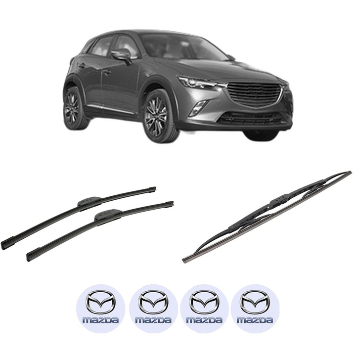 Set 3 Stergatoare Bosch pentru MAZDA CX-3 (2015-2018) - Parbriz si Luneta, Cauciuc Siliconat, Set cu 4 Stickere Auto