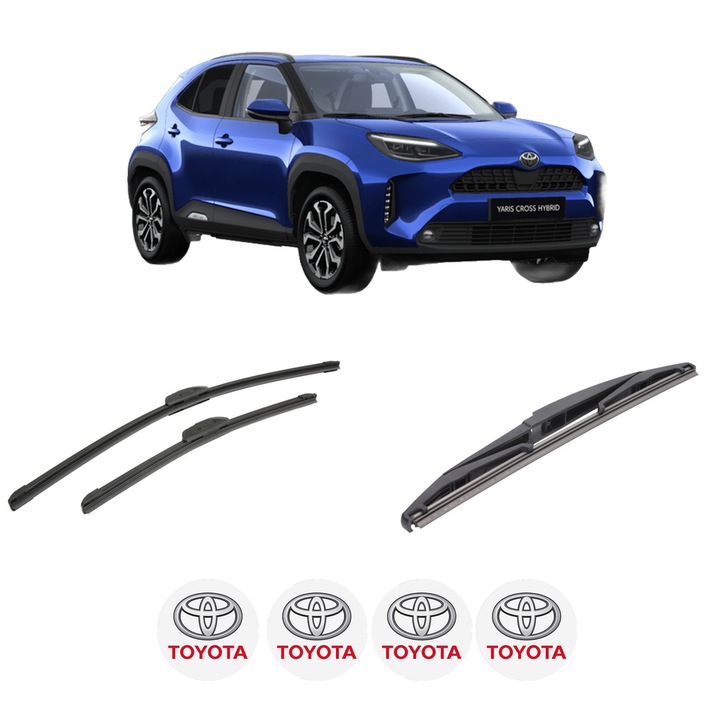 Set 3 stergatoare TOYOTA YARIS CROSS (MXP_) din 2020-2024, pentru parbriz si luneta fata si spate auto, Bosch Twin-Aerotwin Retrofit, din cauciuc siliconat rezistent, 4 Stickere Auto TOYOTA