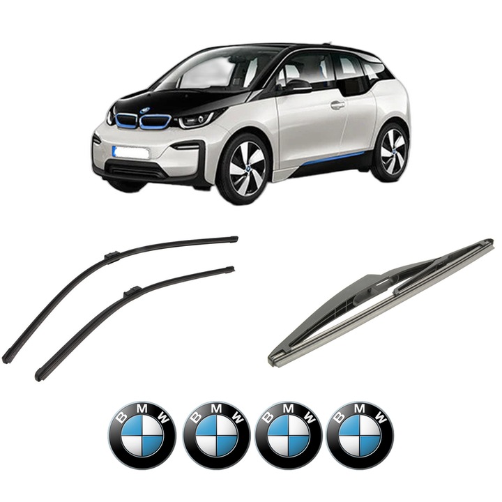 Set 3 stergatoare BMW Seria i3 (I01) din 2013-2017, pentru parbriz si luneta fata si spate auto, Bosch Twin-Aerotwin, din cauciuc siliconat rezistent, 4 Stickere Auto BMW