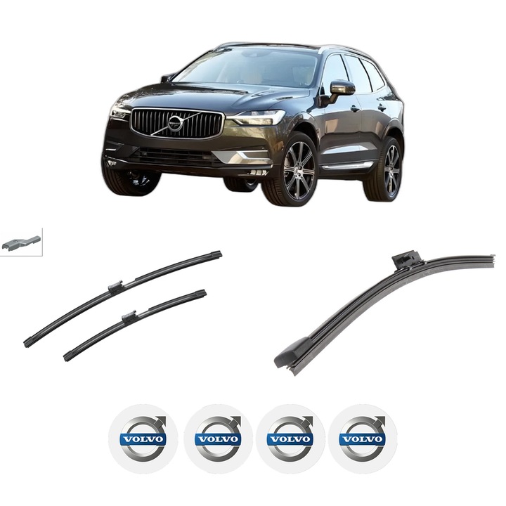 Set 3 stergatoare VOLVO XC60 II (246) din 2017-2022, pentru parbriz si luneta fata si spate auto, Bosch Aerotwin-Aerotwin Jet Blade, din cauciuc siliconat rezistent, 4 Stickere Auto VOLVO