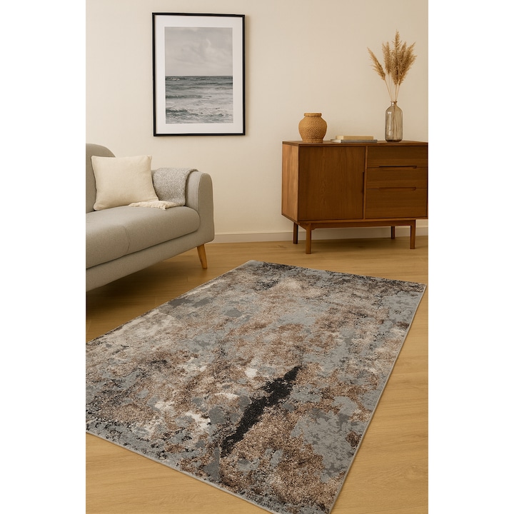Covor modern abstract Pala Carpet® maro-gri, model artistic contemporan, 70x100 cm, grosime 10 mm, ideal pentru living, dormitor sau birou, rezistent la uzura si usor de intretinut