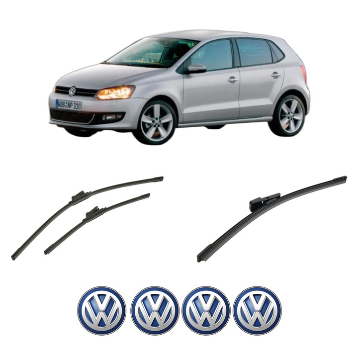 Set 3 stergatoare Volkswagen POLO Van V (6R1, 6C1) din 2009-2017, pentru parbriz si luneta fata si spate auto, Bosch Aerotwin-Aerotwin, din cauciuc siliconat rezistent, 4 Stickere Auto Volkswagen