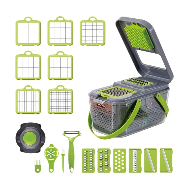 Razatoare multifunctionala 22 piese pentru fructe si legume, cu lame inox, feliere, razuire, maruntire, caserola si separator ou, protectie inclusa, Brivoo®