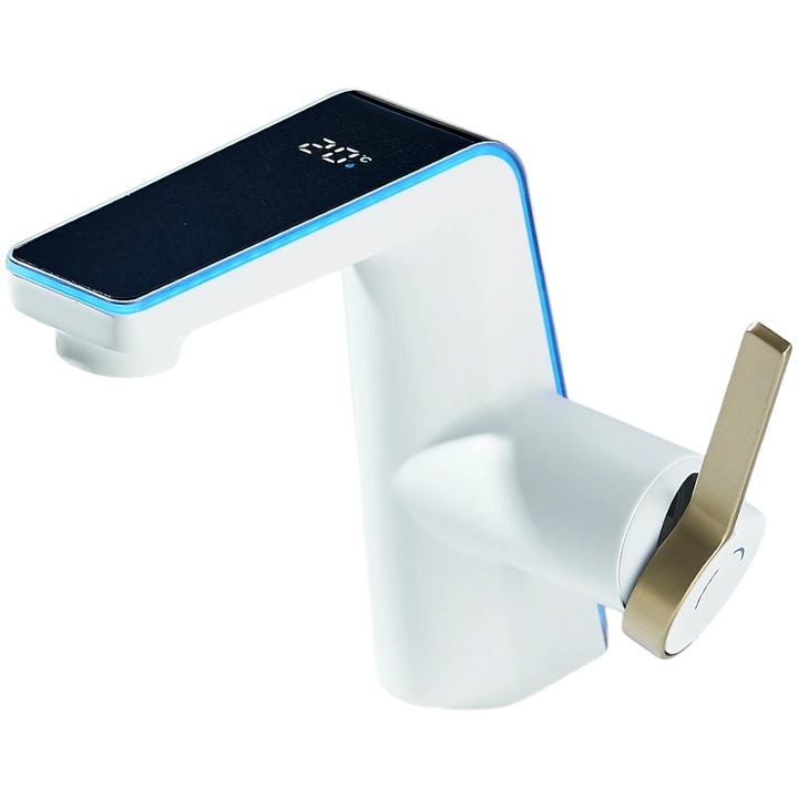 Baterie Chiuveta Baie, BisDesign, Banda LED cu Trei Culori, Display Temperatura Apa, Doua Moduri de Curgere, Alb Mat / Auriu, Dimensiune 17 cm