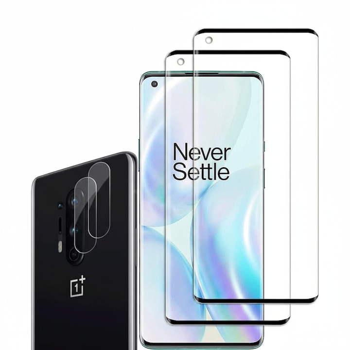 Set 2 folii sticla securizata + 2 protectii camera pentru OnePlus 8 Pro, 3D Full Screen, duritate 9H, compatibil senzor amprenta