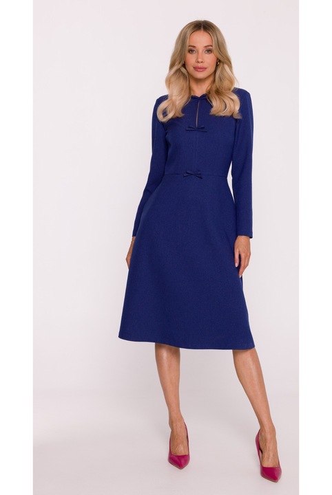 Rochie midi, S413 neagra decolteu rotund, maneci lungi, funde decorative, buzunare laterale, fermoar la spate, zi cu zi, Albastru