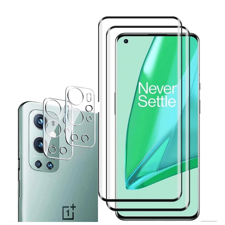 Set 2 folii sticla securizata + 2 protectii camera pentru OnePlus 9 Pro, 3D Full Screen, duritate 9H, compatibil senzor amprenta