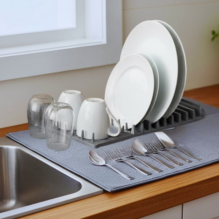 Пластмасов сушилник за съдове за 11 чинии и място за чаши, с подложка за сушене от пяна, отцедник за съдове, 45x60см, СИВ
