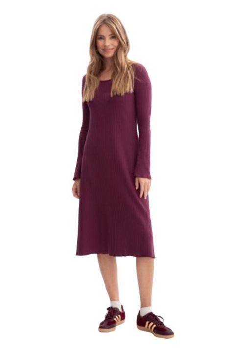 Midi ruha, B308 Szilva S, Bordás kötött anyag, Alkalmi, Hosszú ujjú, Kerek nyakkivágás, Laza szabás, Minimalista stílus, Felül testhezálló, Alul bővülő