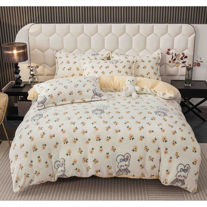 Lenjerie Cocolino 4 Piese Pentru Pat Dublu, Cearceaf de pat cu elastic 180x200, Cerceaf de pilota 200x230cm, 2 Fata de perna 50x74cm, MHR-1545