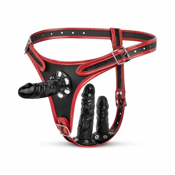 Strap on, Easytoys Fetish Collection, sistem triplu, 3 in 1, negru-rosu