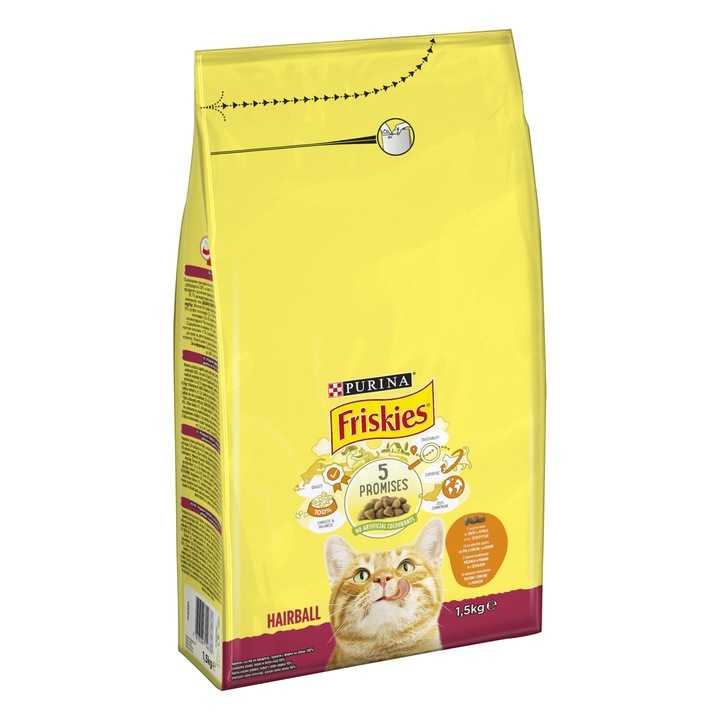 Храна за котки в зряла възраст PURINA® FRISKIES ® HAIRBALL, Пиле и Зеленчуци, суха, 1,5kg
