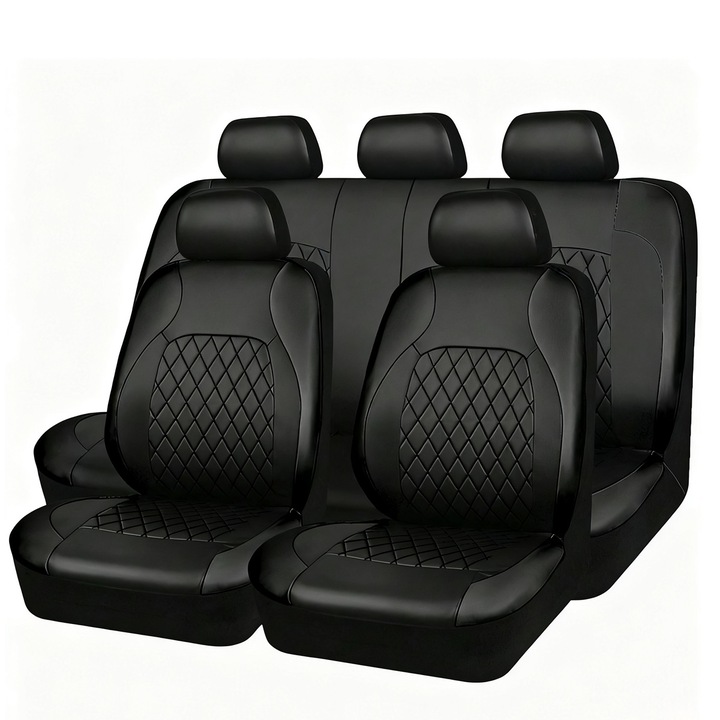Set complet de universale din piele ecologica huse scaune Auto FooFoony, huse pentru scaune auto, 9 piese, respirabile, potrivite pentru masini, camioane, SUV-uri, Deluxe, PU, ​​vinil de lux, accesorii de interior auto pentru vehicule SUV, Negru