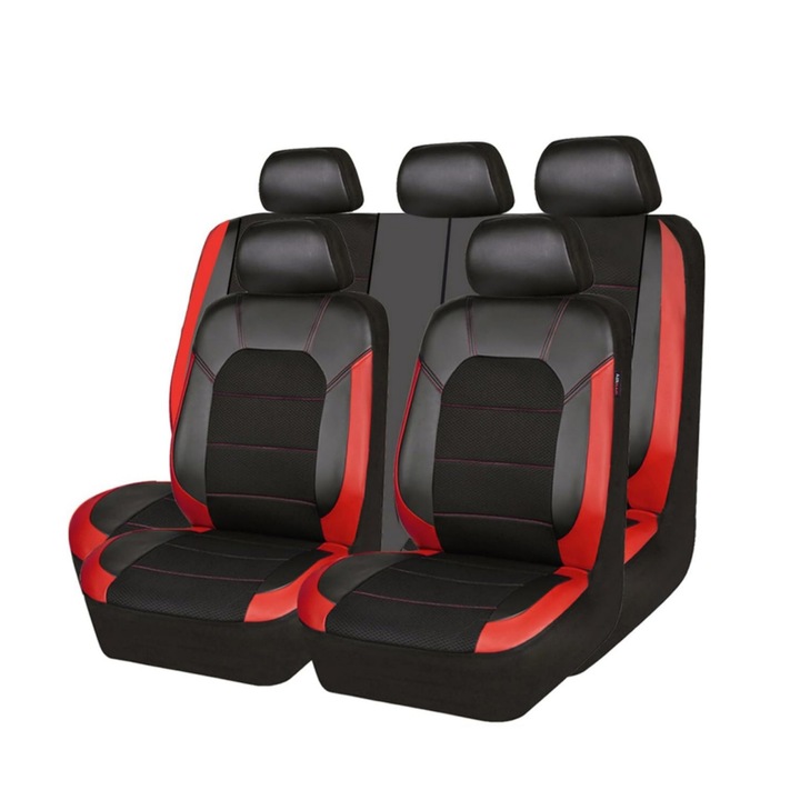 Set 9 Huse Scaune Auto Universale, Design Tridimensional, Acoperire 360°, Husa Protectie Sezut Si Spatar Scaun Fata, Impermeabila, Piele Ecologica, Buzunar Depozitare, Accesorii Interioare Masina, Potrivite Pentru Uz Cotidian Si Calatorii,, Negru/Rosu