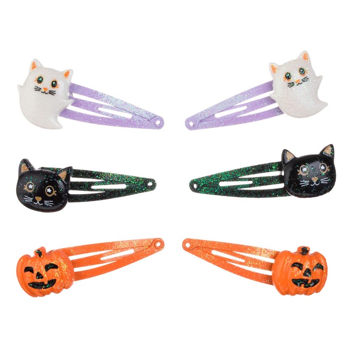 Set Clame Metalice Par Lila Portocalie Verde Pisica Dovleac cu Glitter - 6buc
