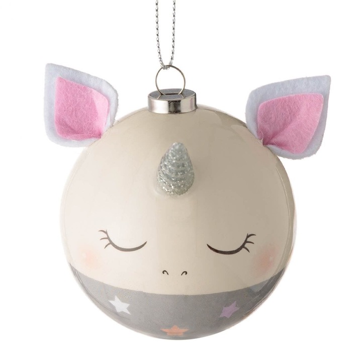 Glob Craciun, Unicorn 3D, Alb/Gri, Diametru 6.5cm, Urechi si Corn Glitter Argintiu, MYONNA IT & E- COMMERCE ®