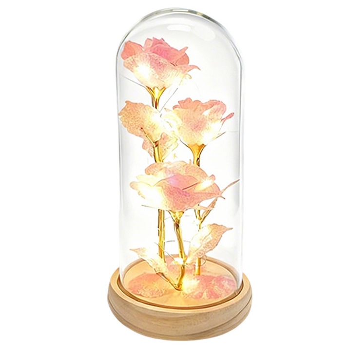Консервирана роза с LED светлина, дървена поставка, стъкло, розова, 21.5x10.5см